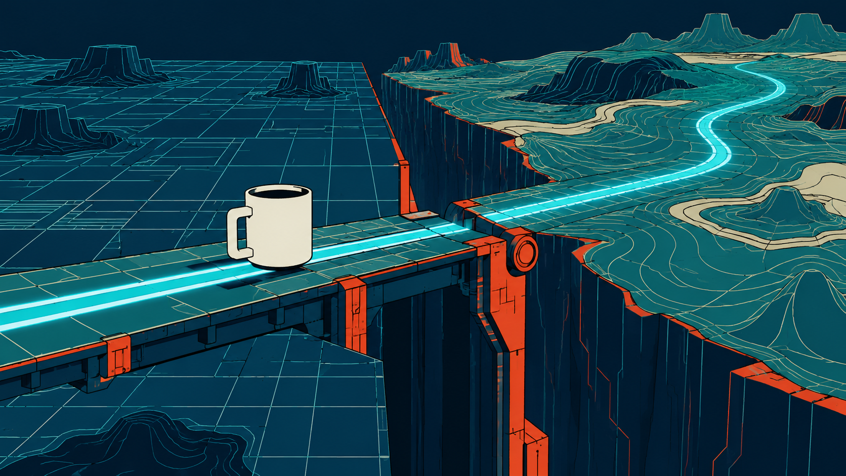 A silent cream coffee cup rides an electric-cyan path across a broken Grid hinge, changing the landscape from an empty tile field into a contoured world.