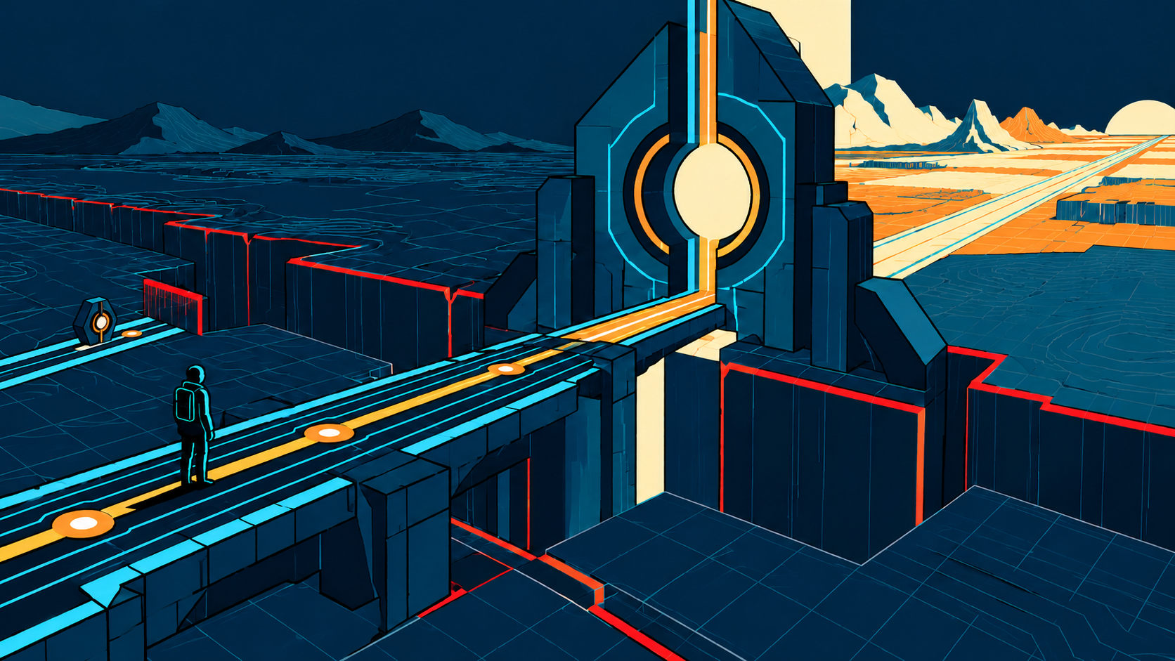 A lone figure follows an illuminated rail across a broken Grid landscape into a silent geometric threshold machine; beyond it, the landscape becomes open, bright, and newly connected.