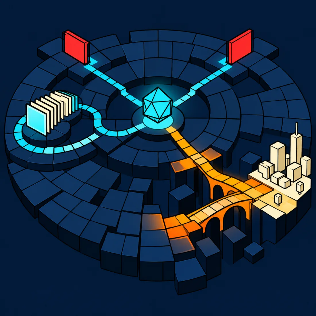 An abstract possibility map showing a path through constraints and history toward a newly constructed future.
