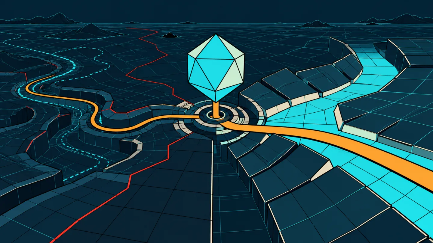 An abstract Grid landscape where a realized amber path crosses a hinge and reshapes the terrain of future possibilities.