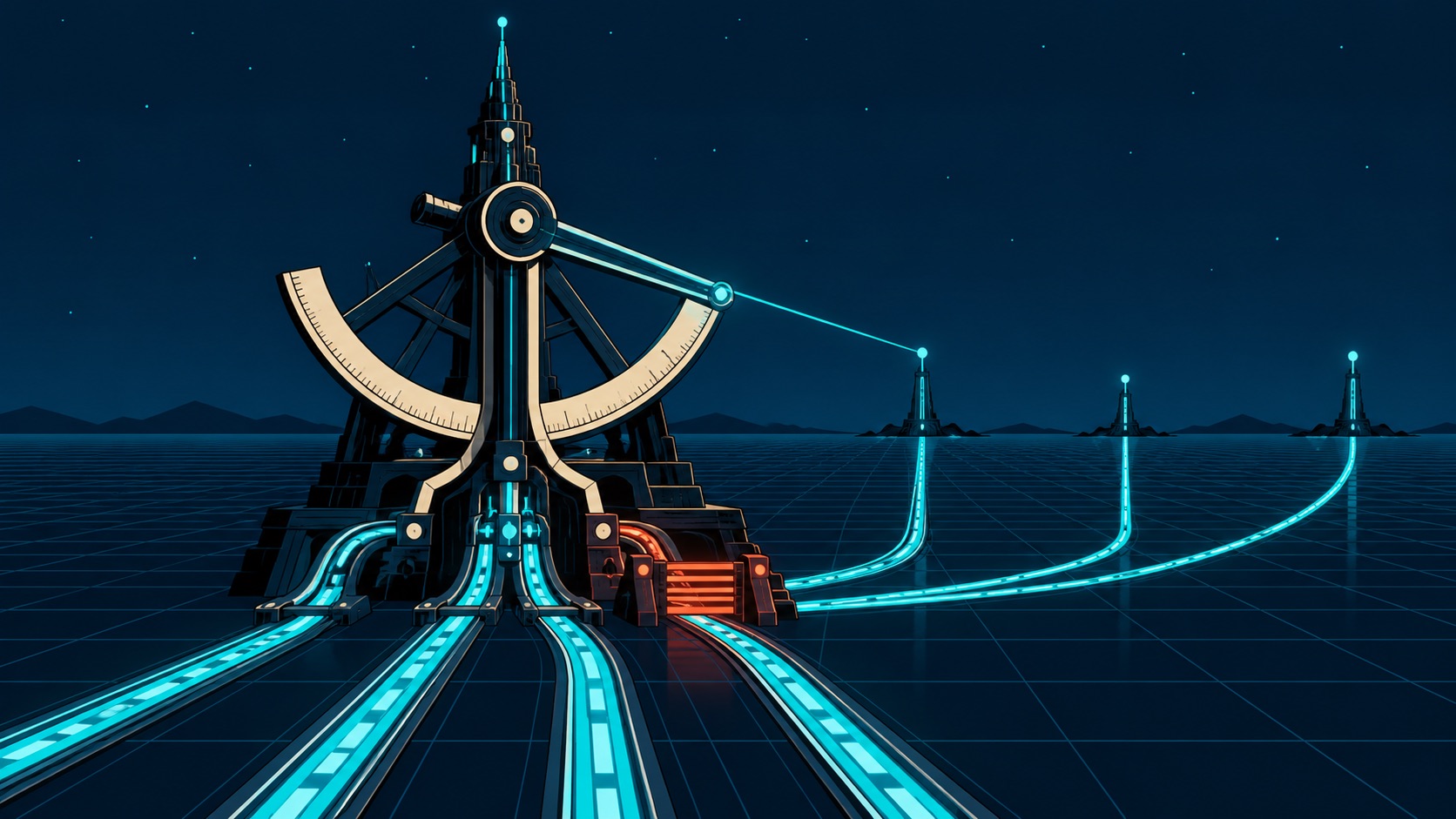 A giant sextant-shaped signal switchyard routes cyan rails across a dark digital grid, with one orange verification gate holding a route.